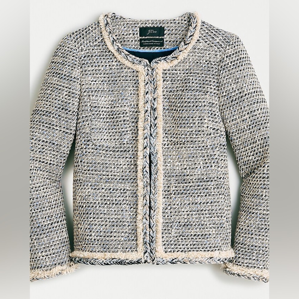 J. Crew Tweed Knit Fringe Trim Blazer in Cream and Blue